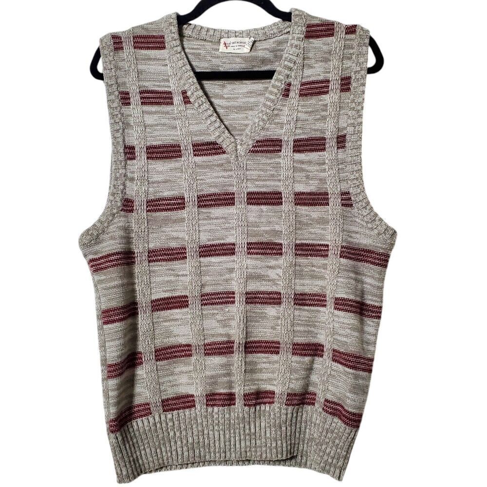 VTG 70s Keen Man Sweater Vest Size S Textured Pullover Striped Sleeveless Mens